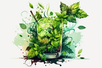 Mojito, a cool summer drink made with rum, mint leaves, and lime juice. Generative AI
