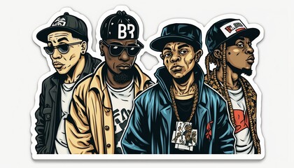 sticker art of a 90s gangsta rap group, in the art style of side-scrolling fighting games , on a white background
