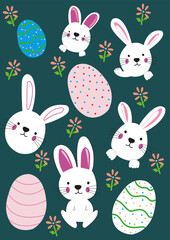 Happy Easter. Collection of drawn cute bunnies, eggs and flowers. Modern style.