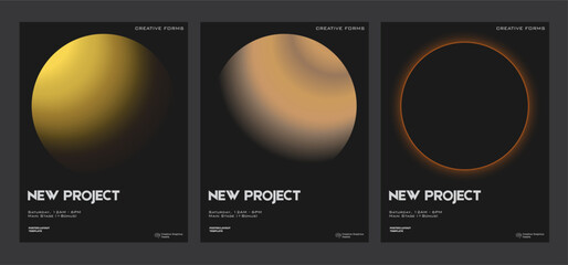 Set of futuristic poster covers with circular gradient black background. Minimal templates for posters, book covers, placards, presentation, flyers.