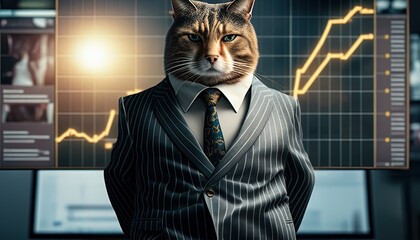 Cat trader showcases a smart and intuitive figure analyzing market trends and making profitable trades, symbolizing intelligence and agility