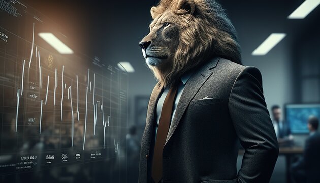 Lion trader depicts a powerful and confident figure making bold moves and dominating the financial market, representing strength and leadership