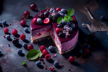 Raw vegan cake with raspberries and berries 