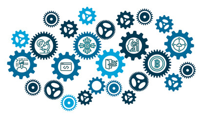 Technology System management and  Working AI Process concept on white background. Group of Gears with Technological Icons Connected