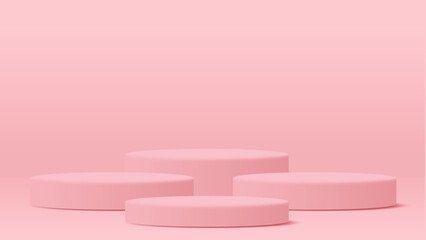 Four pink round pedestal podium that rounded edges and background.For place goods,cosmetic,design fashion,food,drink or technical tool.3D illustration.
