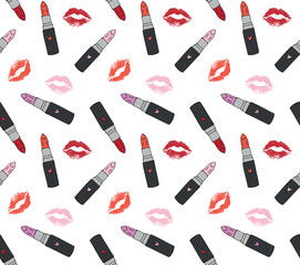 Vector seamless pattern of hand drawn doodle sketch lipstick and lip kiss imprint isolated on white background