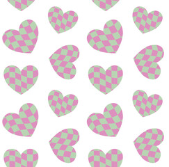 Vector seamless pattern of purple green groovy checkered chess board texture heart isolated on white background