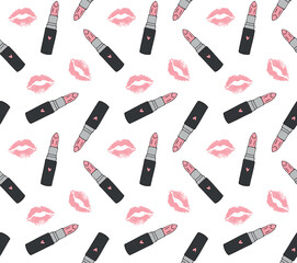Obraz premium Vector seamless pattern of pink hand drawn doodle sketch lipstick and lip kiss imprint isolated on white background