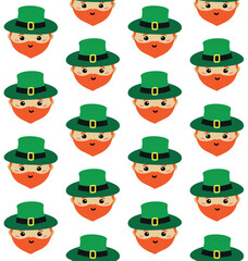 Vector seamless pattern of flat hand drawn leprechaun face isolated on white background