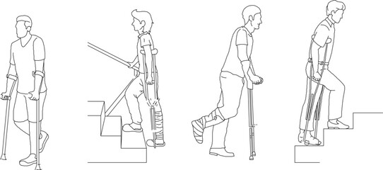 Vector sketch of a hospital patient silhouette illustration using crutches and cane