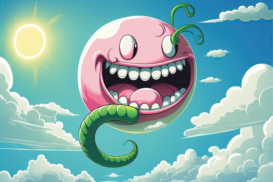One pink worm with a big grin, scuttling about a green planet under a blue sky. Generative AI