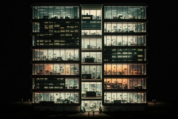 Nighttime views of tall office structures. Generative AI