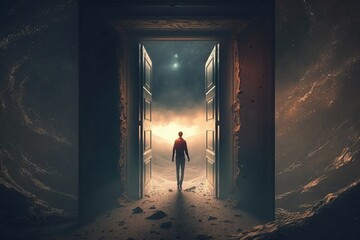 The introverts path to self-discovery, man opening the new door. concept of Exploration of Inner World and Self-Reflection, created with Generative AI technology - obrazy, fototapety, plakaty