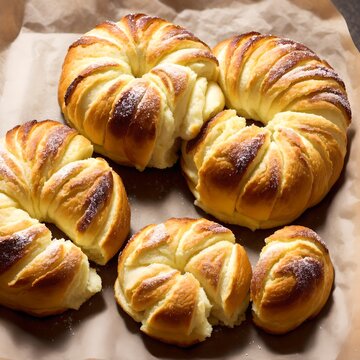 Delicious French pastry croissant highly detailed food sitting on wood counter, ai generated.