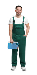 Man holding canister with blue liquid on white background