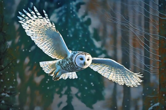 Canada's rare white owl, the Nyctea scandiaca, in mid flight through the snowy forest. Natural setting with wildlife. Generative AI