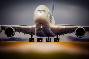 big airplane airbus A380 on the runway at the airport - obrazy, fototapety, plakaty