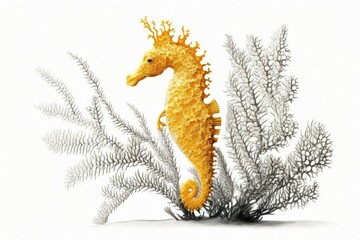Fototapeta na wymiar Pygmy yellow seahorse on barbiganti coral. Generative AI