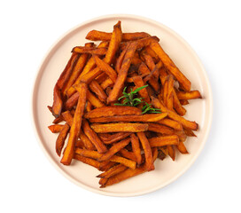 Plate with delicious sweet potato fries on white background, top view