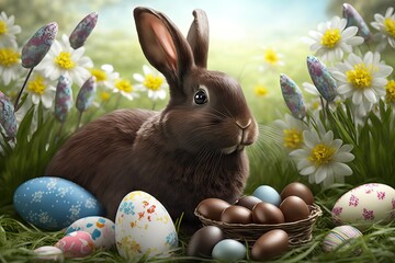Illustration of an Easter Rabbit With Colourful Chocolate Eggs fod Children on Holidays, generative ai