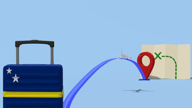 Animation Airline with location marker and suitcase. Travel to  - Curacao