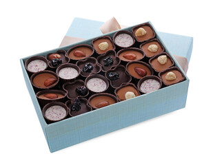 Box of delicious chocolate candies isolated on white