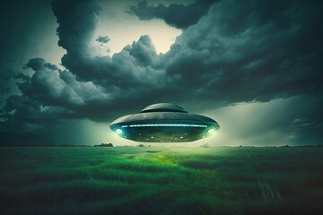 Fototapeta na wymiar Amazing dramatic picture of an extraterrestrial spaceship or UFO shining a powerful spotlight on a green grass field under a dark, stormy sky. Generative AI