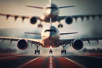 two airplanes approaching in landing touch down at the airport