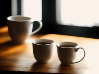 Coffee cups sitting on a wood table with lights and bokeh