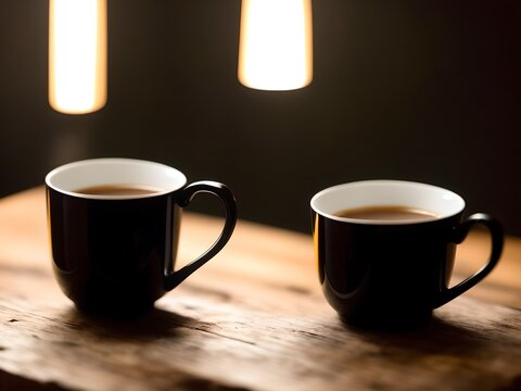 Coffee cups sitting on a wood table with lights and bokeh