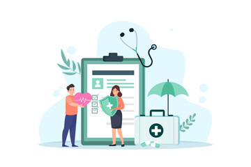 Health care and life insurance concept. Doctor and family people medical exam with big clipboard document. Vector illustration