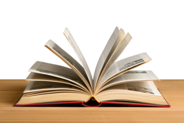 An open book lies on a wooden table