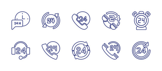 24h line icon set. Editable stroke. Vector illustration. Containing h, hours, telephone, call center