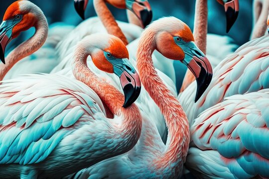 extreme close up of a flock of pink flamingos. Generative AI