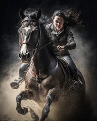 Fototapeta na wymiar Female rider on beautiful horse running gallop, Generative AI