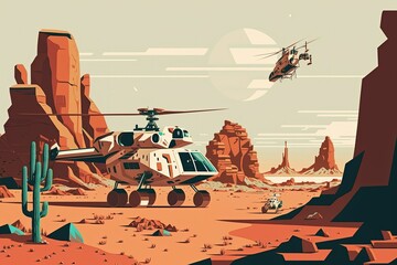 Panorama of a Mars rover and a hovering helicopter. Mars landscape illustration in format. Generative AI
