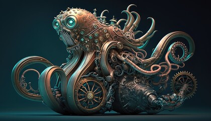 Steampunk mechanical object, blend between octopus and motorbike, part creature, part bike, moving underwater, AI generative.