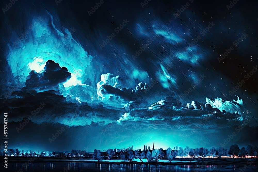 Wall mural Midnight city lights against a white sky with dark blue clouds. Generative AI