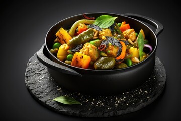 Vegetable Kolhapuri served in a black dish on a slate topped table. Curried Indian vegetables. Delicious and healthy Asian cuisine that is suitable for vegetarians. Generative AI