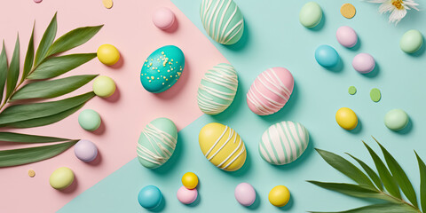 Easter background. Colorful Easter egg on pastel Blue background. Concept of Happy Easter. digital ai art