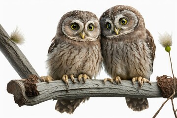 Fototapeta premium Small owlets (Athene noctua) perched on a stick together. Generative AI