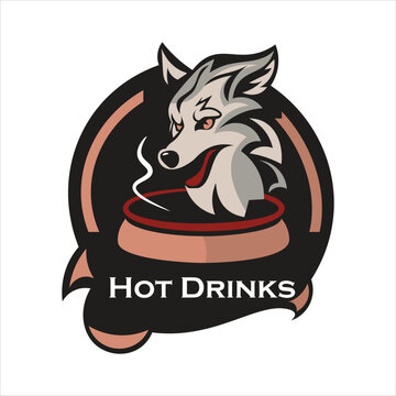 Mascot logo design of Wolf with hot soup. Can be used for coffee as well or any hot beverage. Suitable for print, Pantone colors used.