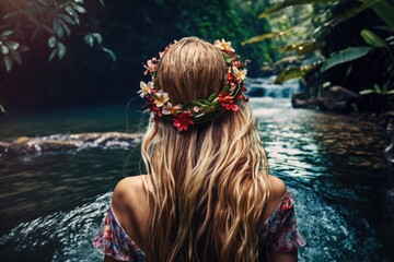 Naklejka premium Young Woman Enjoying the Waterfall of the Jungle, generative ai