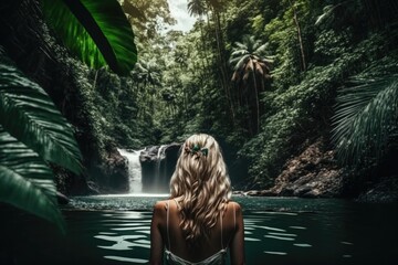 Happy Woman Enjoying the Nature of the Jungle, generative ai