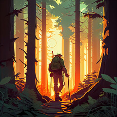 A person hiking through a dense forest with a walking stick in hand. The sun is shining through the trees and there is a sense of adventure and exploration in the air