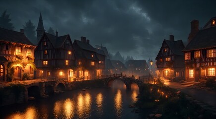 Obraz premium Old medieval village at night [AI Generated]
