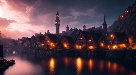 Naklejka premium Old medieval village at night [AI Generated]