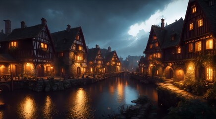 Obraz premium Old medieval village at night [AI Generated]