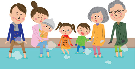 ポップな3世代家族　冬の旅行　足湯