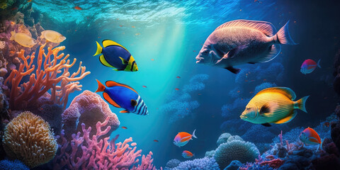 Fototapeta na wymiar Colorful tropical fish coral scene background, Life in the coral reef underwater, generative AI